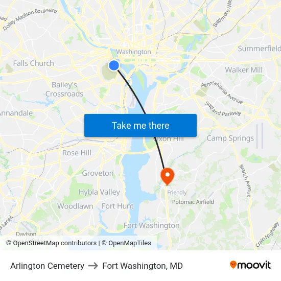 Arlington Cemetery to Fort Washington, MD map
