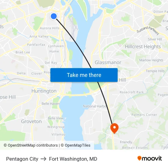 Pentagon City to Fort Washington, MD map