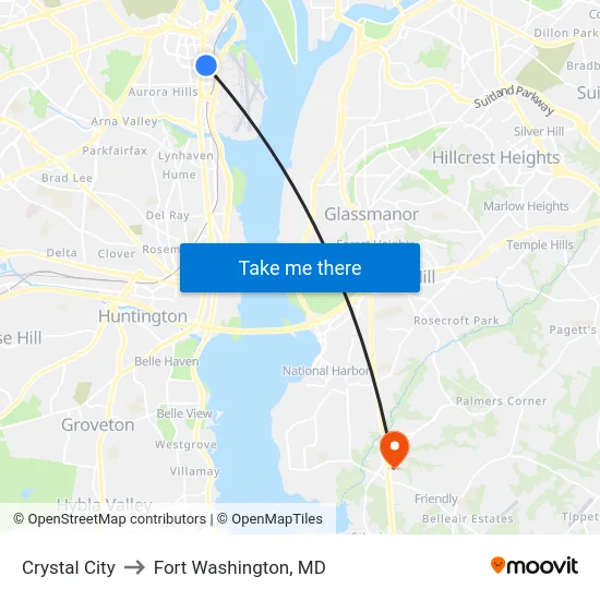 Crystal City to Fort Washington, MD map