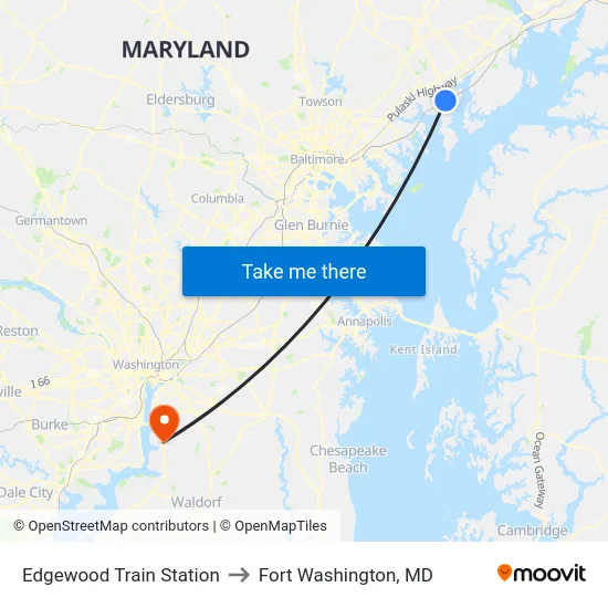 Edgewood Train Station to Fort Washington, MD map