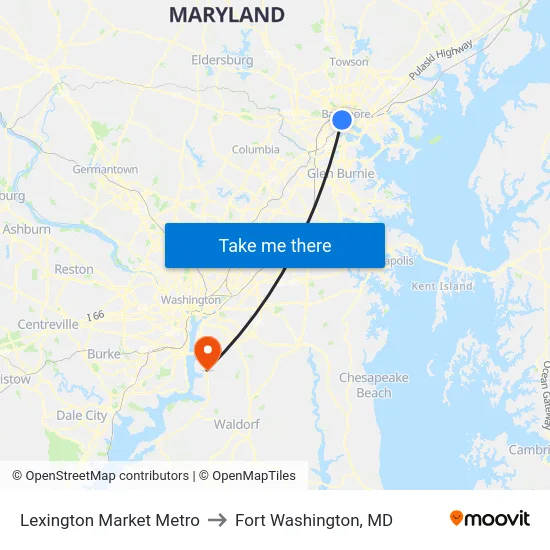 Lexington Market Metro to Fort Washington, MD map