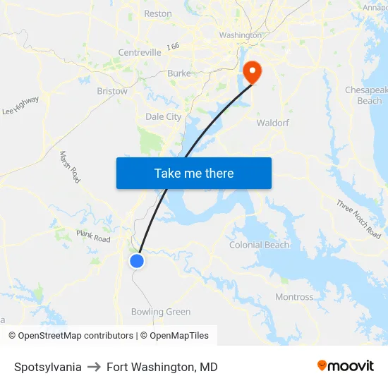 Spotsylvania to Fort Washington, MD map