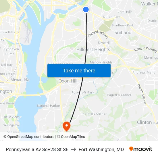 Pennsylvania Av Se+28 St SE to Fort Washington, MD map