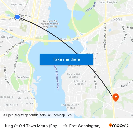 King St-Old Town Metro (Bay F) to Fort Washington, MD map