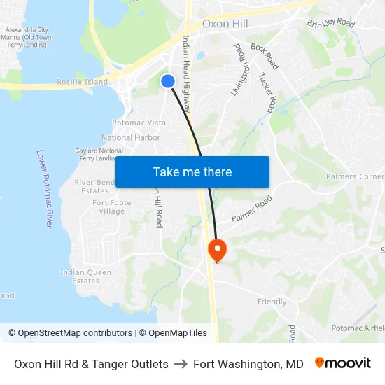 Oxon Hill Rd & Tanger Outlets to Fort Washington, MD map