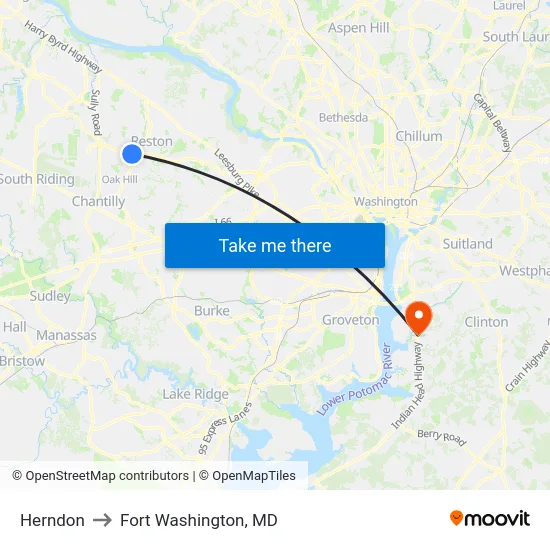 Herndon to Fort Washington, MD map