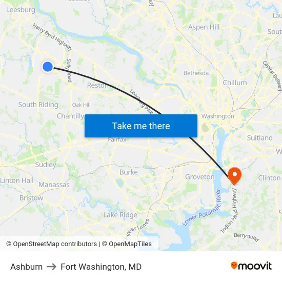 Ashburn to Fort Washington, MD map