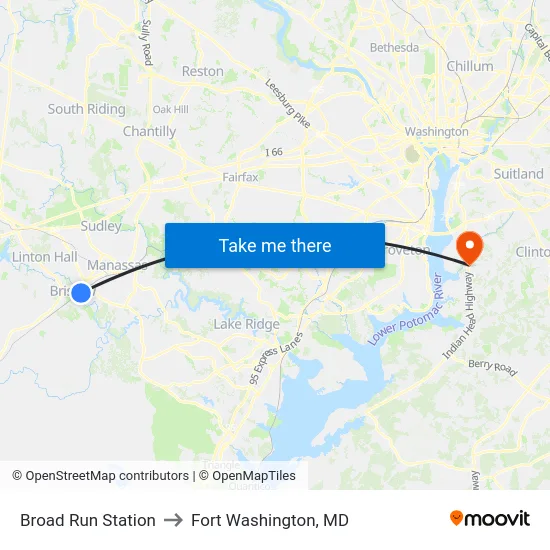 Broad Run Station to Fort Washington, MD map