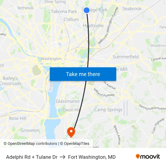 Adelphi Rd + Tulane Dr to Fort Washington, MD map