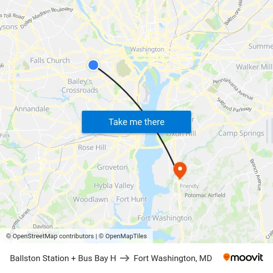 Ballston Station + Bus Bay H to Fort Washington, MD map