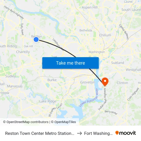 Reston Town Center Metro Station - North Bus Bay to Fort Washington, MD map