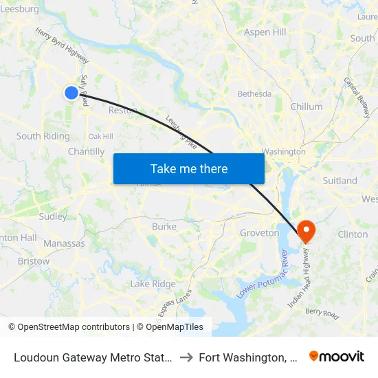 Loudoun Gateway Metro Station to Fort Washington, MD map