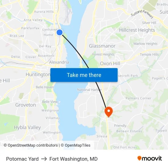 Potomac Yard to Fort Washington, MD map