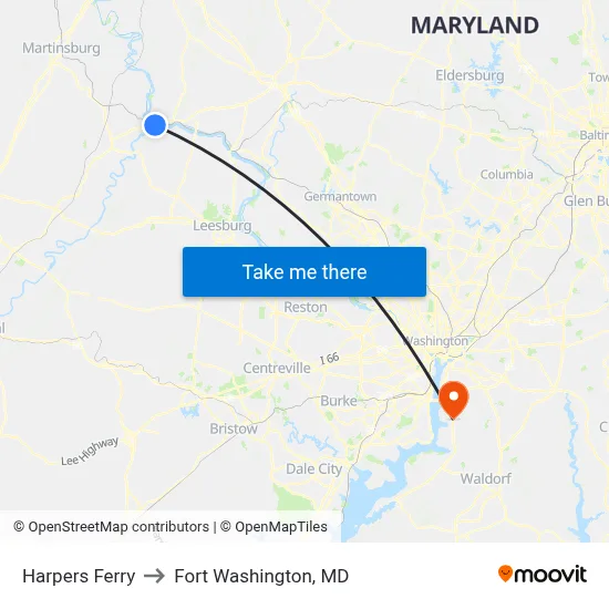 Harpers Ferry to Fort Washington, MD map