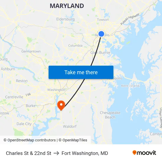Charles St & 22nd St to Fort Washington, MD map