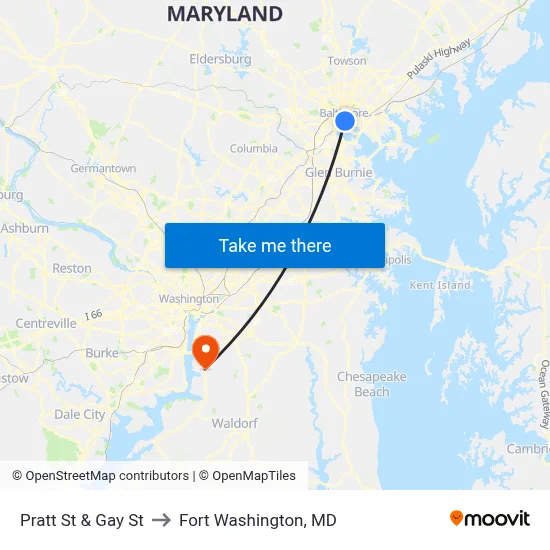 Pratt St & Gay St to Fort Washington, MD map