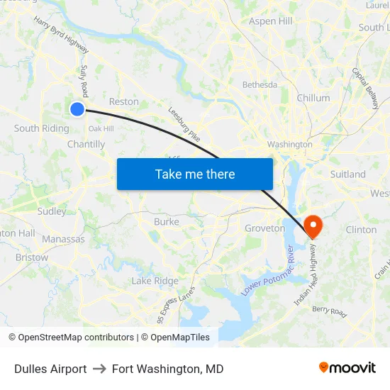 Dulles Airport to Fort Washington, MD map