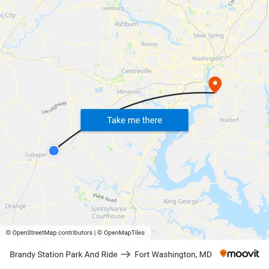 Brandy Station Park And Ride to Fort Washington, MD map