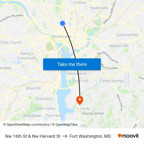 Nw 16th St & Nw Harvard St to Fort Washington, MD map