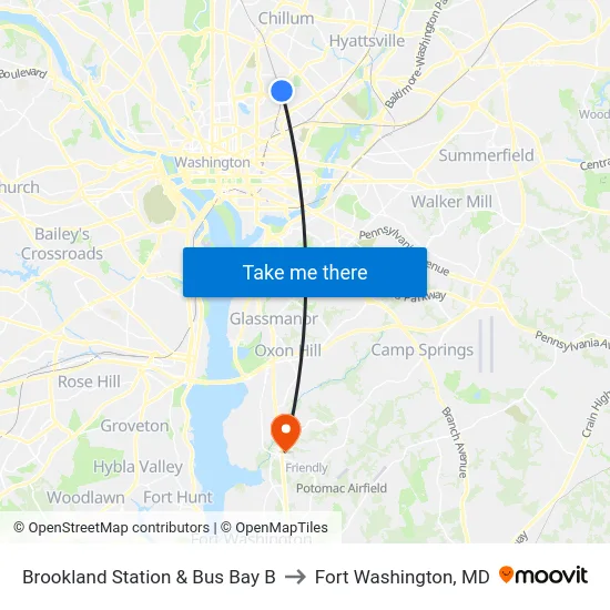 Brookland Station & Bus Bay B to Fort Washington, MD map