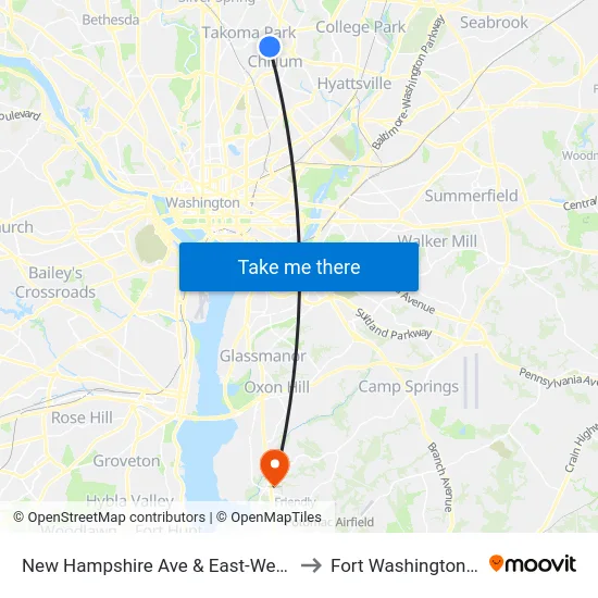 New Hampshire Ave & East-West Hwy to Fort Washington, MD map