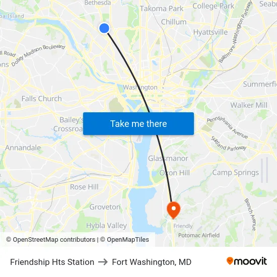 Friendship Hts Station to Fort Washington, MD map