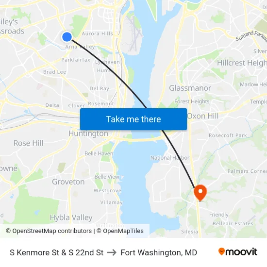 S Kenmore St & S 22nd St to Fort Washington, MD map