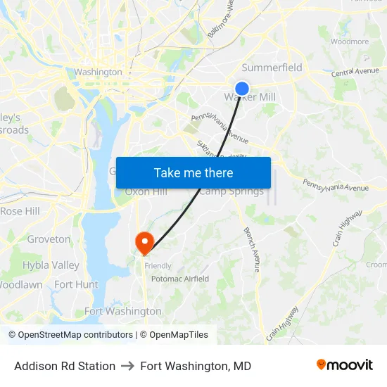 Addison Rd Station to Fort Washington, MD map