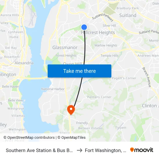 Southern Ave Station & Bus Bay Q to Fort Washington, MD map