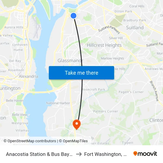 Anacostia Station & Bus Bay G to Fort Washington, MD map