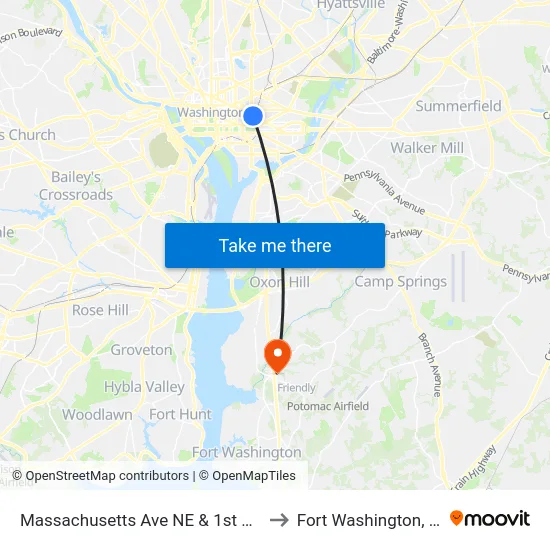 Massachusetts Ave NE & 1st St NE to Fort Washington, MD map