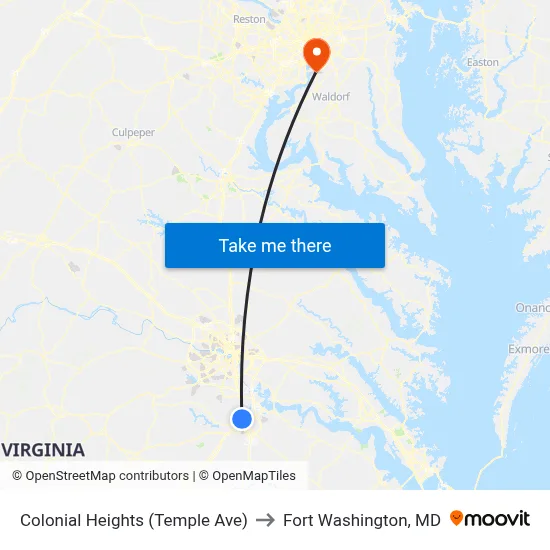 Colonial Heights (Temple Ave) to Fort Washington, MD map