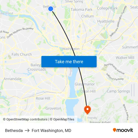 Bethesda to Fort Washington, MD map