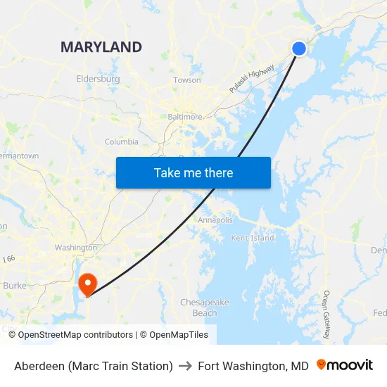 Aberdeen (Marc Train Station) to Fort Washington, MD map