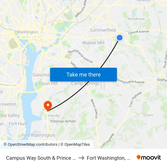 Campus Way South & Prince Pl to Fort Washington, MD map