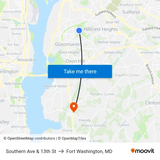 Southern Ave & 13th St to Fort Washington, MD map