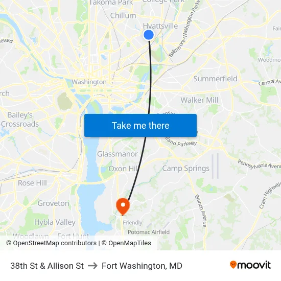 38th St & Allison St to Fort Washington, MD map