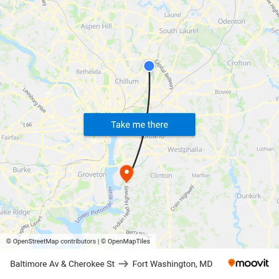 Baltimore Av & Cherokee St to Fort Washington, MD map