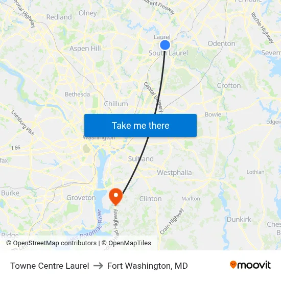 Towne Centre Laurel to Fort Washington, MD map