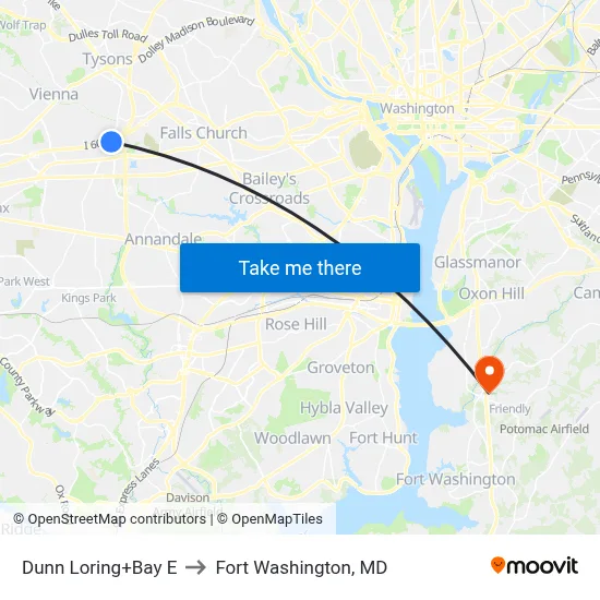 Dunn Loring+Bay E to Fort Washington, MD map