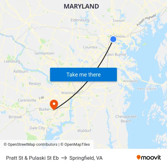 Pratt St & Pulaski St Eb to Springfield, VA map
