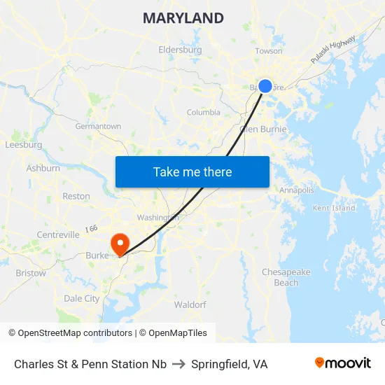 Charles St & Penn Station Nb to Springfield, VA map