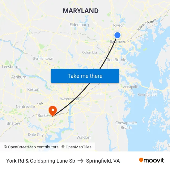 York Rd & Coldspring Lane Sb to Springfield, VA map