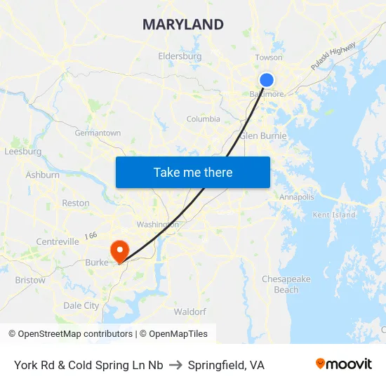 York Rd & Cold Spring Ln Nb to Springfield, VA map