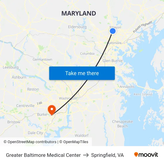 Greater Baltimore Medical Center to Springfield, VA map