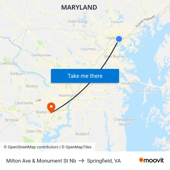 Milton Ave & Monument St Nb to Springfield, VA map