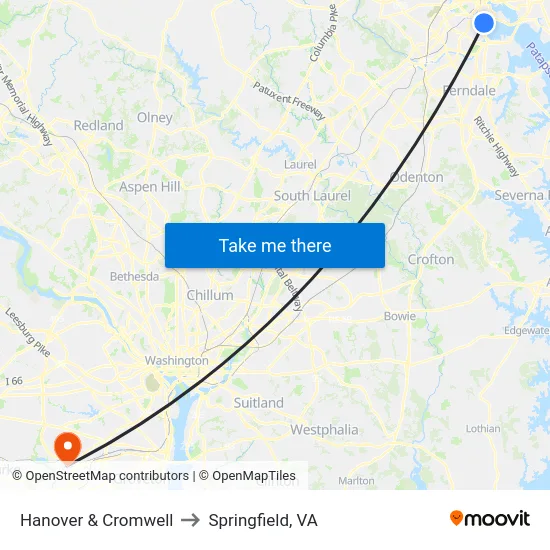 Hanover & Cromwell to Springfield, VA map