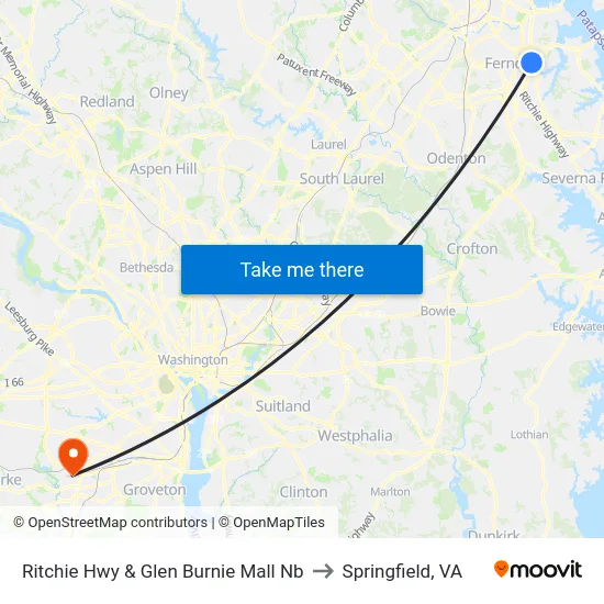 Ritchie Hwy & Glen Burnie Mall Nb to Springfield, VA map