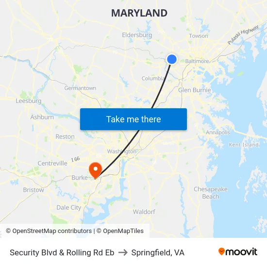 Security Blvd & Rolling Rd Eb to Springfield, VA map