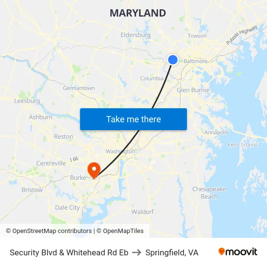 Security Blvd & Whitehead Rd Eb to Springfield, VA map